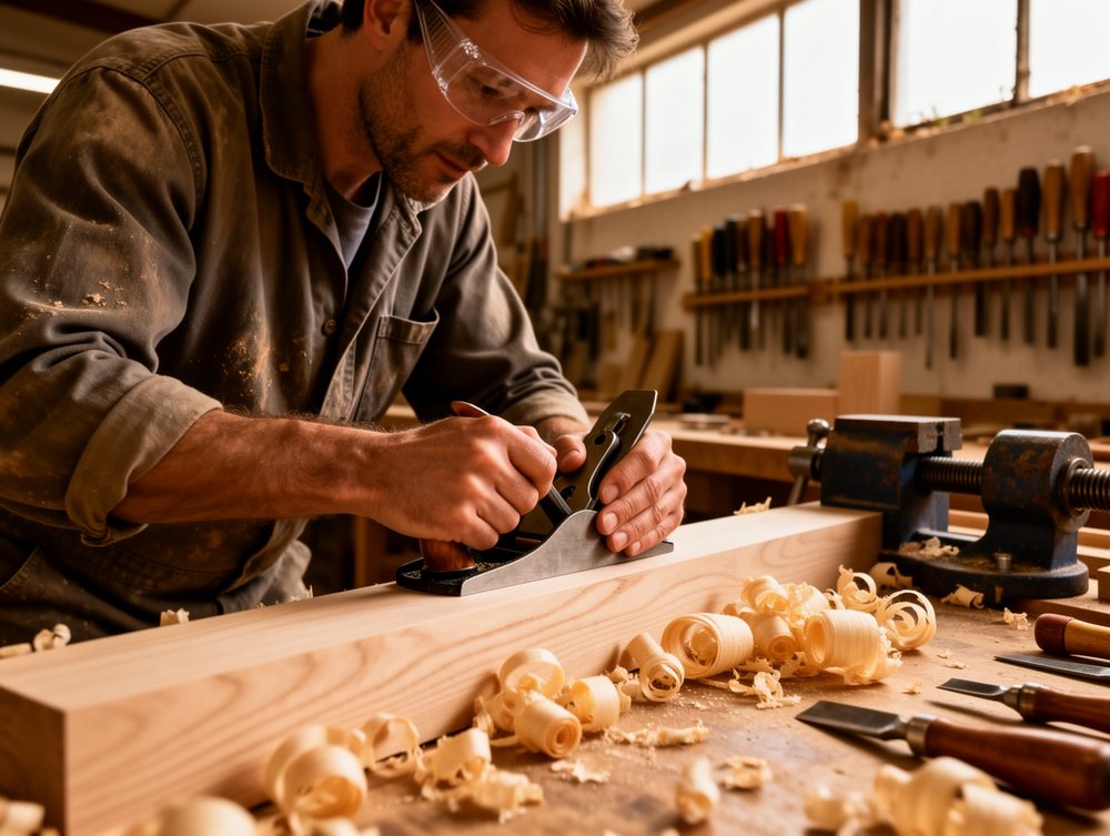 A joiner working timber in the Rice & Son workshop